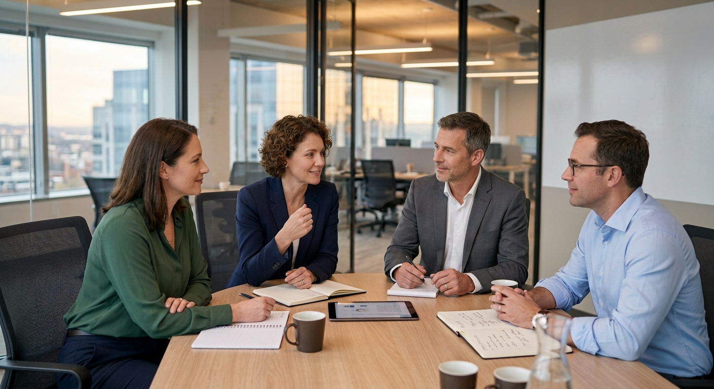 Professional teamwork discussion in office Four professionals in a meeting discussing notes and data at a table